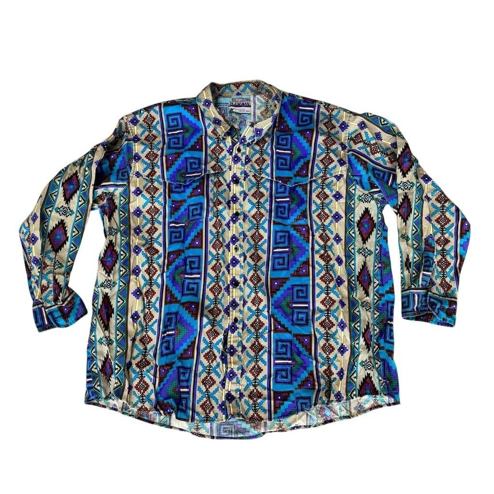 Plainsman Men's Vintage Aztec Graphic Print Button-Up‎ Shirt L western rodeo